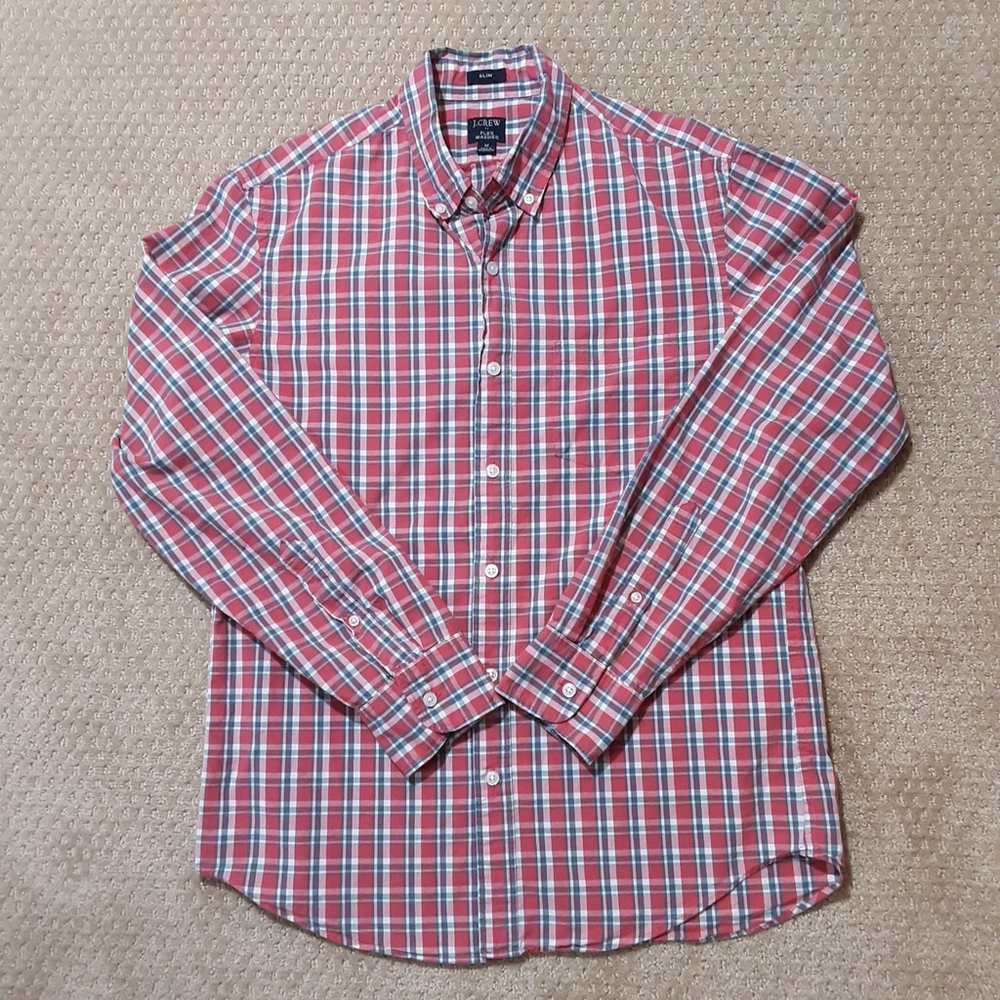 J.CREW Men's Slim Fit Long Sleeve Button Madress Red Pink Plaid Flex Washed M